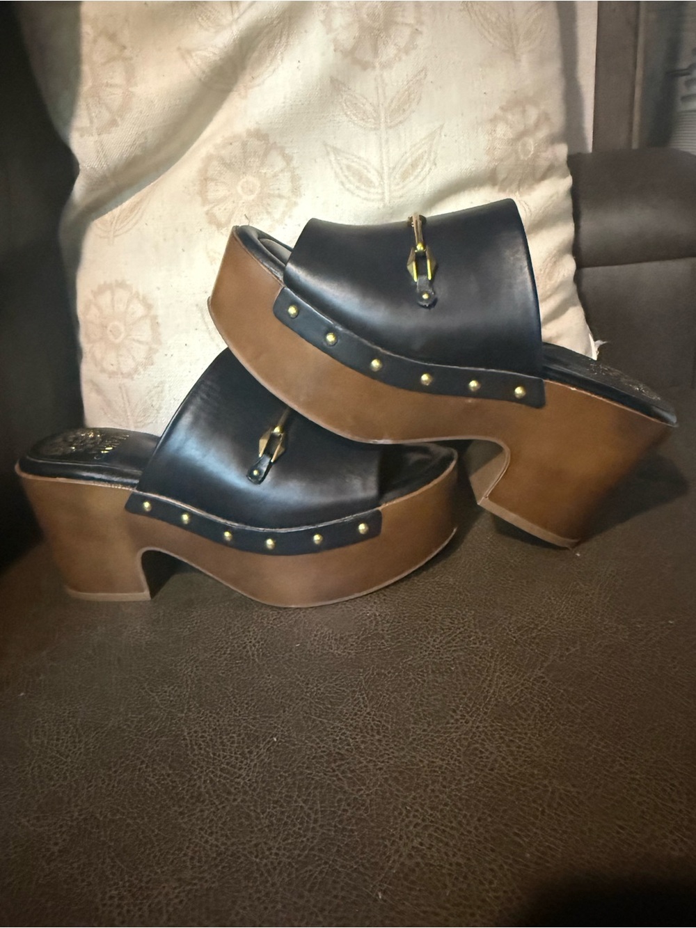 Vince Camuto Black Leather and Brown Platform Clog Mules